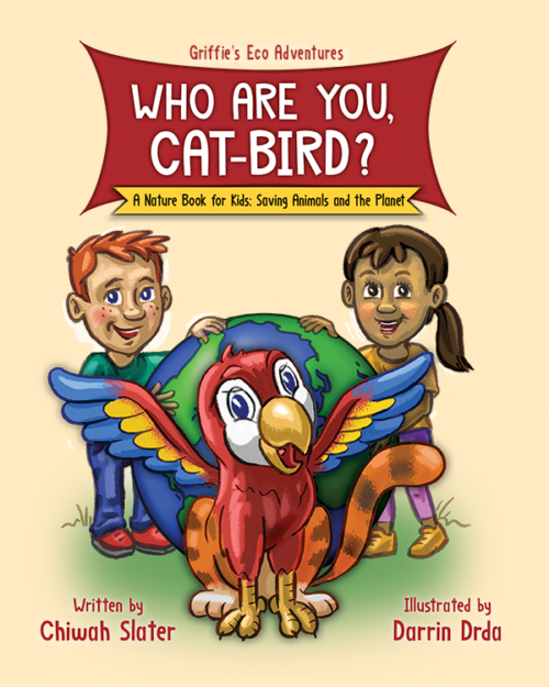 "Who Are You, Cat-Bird?" book cover, light coral-gold background with Griffie the cat-bird in front of globe behind whicn two children stand with their hands resting on the globe.