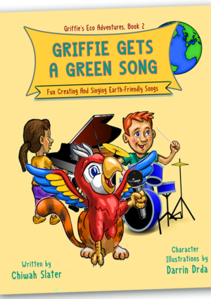 Mythological heroes storybook cover, tilted, for the book “Griffie Gets A Green Song.” Picture on book cover shows Griffie the 21st-Century Griffin, who is half parrot and half house cat, singing into a mic while two kids play piano and drums against yellow background.