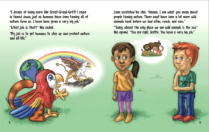 Two Pages of the children's eco book titled Who Are You, Cat-Bird?