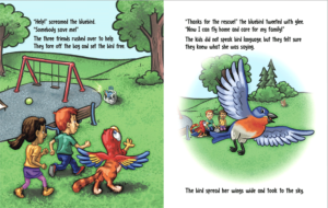 2 Pages from the children's eco book titled Who Are You, Cat-Bird?