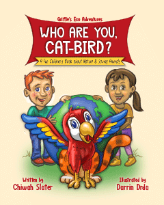 "Who Are You, Cat-Bird?" book cover, light coral-gold background with Griffie the cat-bird in front of globe behind whicn two children stand with their hands resting on the globe. At the top is the book title in white lettes on a dark red pennant.